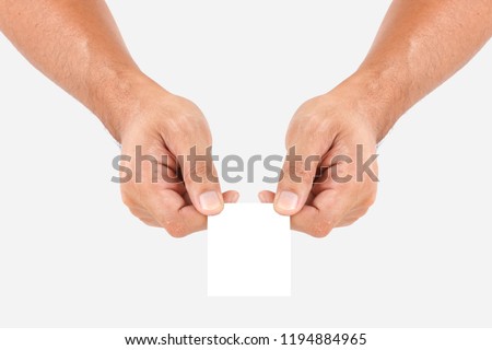 Hand Holding Paper on White background. Hand Holding Name Card.