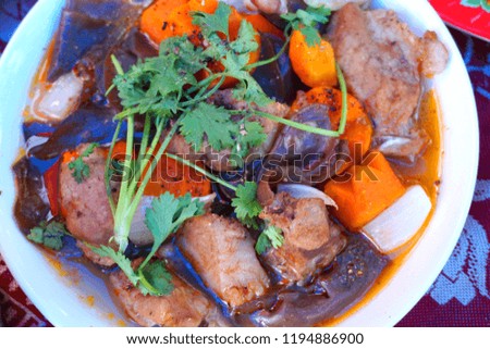 Beef soup with carrot mushroom chicken stock herb beetroot radish Vietnamese traditional food 