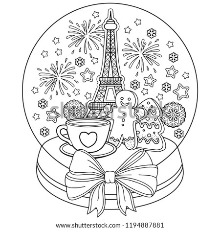 Vector coloring book for adult. Christmas snow globe with Eiffel tower, gingerbread man, snowflakes. 