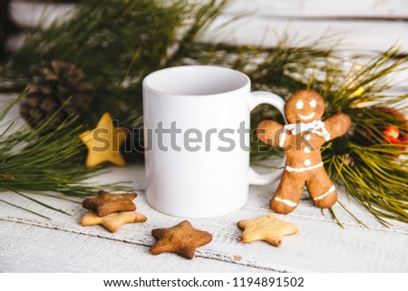 Layout for design of mug, white mug and gingerbread man Royalty-Free Stock Photo #1194891502