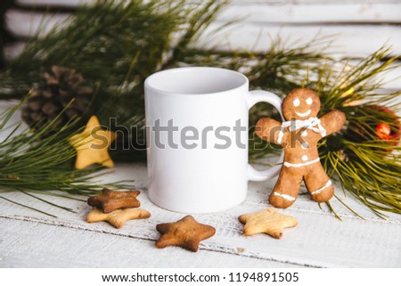 Layout for design of mug, white mug and gingerbread man Royalty-Free Stock Photo #1194891505