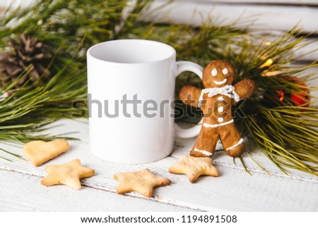 Layout for design of mug, white mug and gingerbread man Royalty-Free Stock Photo #1194891508
