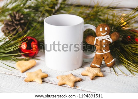 Layout for design of mug, white mug and gingerbread man Royalty-Free Stock Photo #1194891511