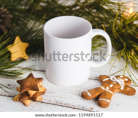 Layout for design of mug, white mug and gingerbread man Royalty-Free Stock Photo #1194891517