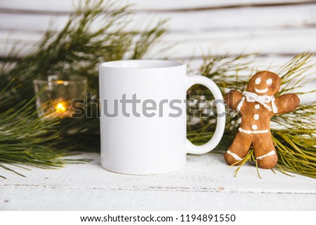 Layout for design of mug, white mug and gingerbread man Royalty-Free Stock Photo #1194891550