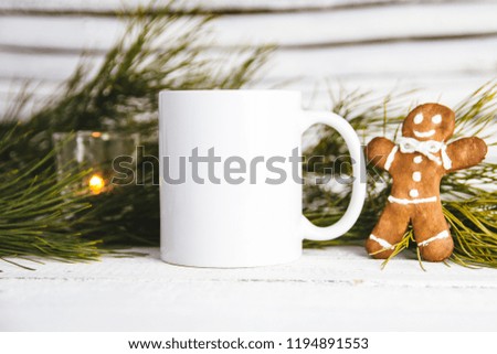 Layout for design of mug, white mug and gingerbread man Royalty-Free Stock Photo #1194891553