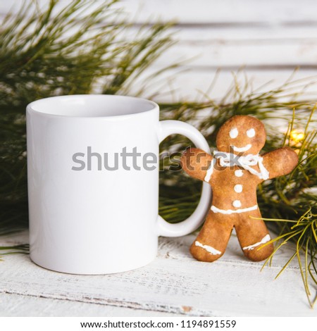 Layout for design of mug, white mug and gingerbread man Royalty-Free Stock Photo #1194891559