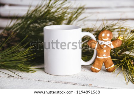 Layout for design of mug, white mug and gingerbread man Royalty-Free Stock Photo #1194891568