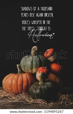 pile of ripe pumpkins on table with halloween poem
