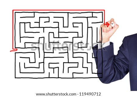 Businessman sketch Lateral Thinking solution to solve problem from maze