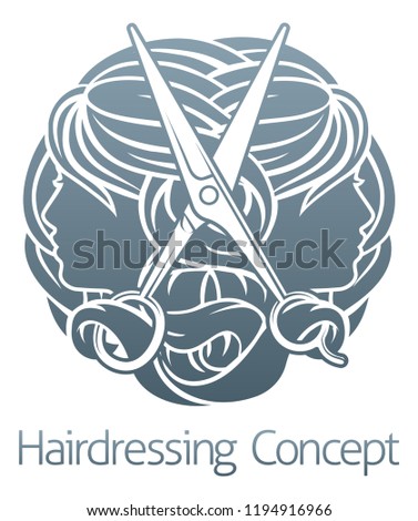 An abstract hairdresser hair salon stylist concept with womens faces and scissors