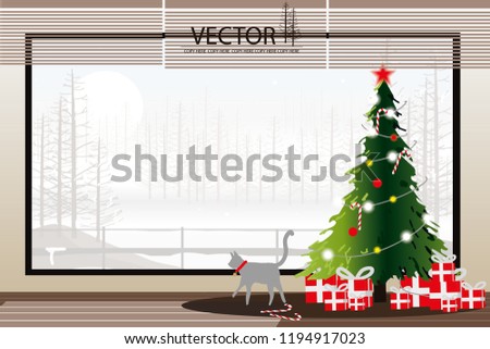 vector christmas tree and giftbox and cat on outdoor background .winter