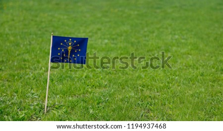Indiana flag. Photo of Indiana state flag on a green grass lawn background. Close up of state flag waving outdoors.