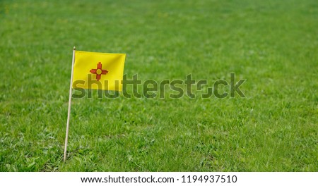 New Mexico flag. Photo of New Mexico state flag on a green grass lawn background. Close up of state flag waving outdoors.