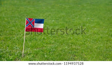 Mississippi flag. Photo of Mississippi state flag on a green grass lawn background. Close up of state flag waving outdoors.
