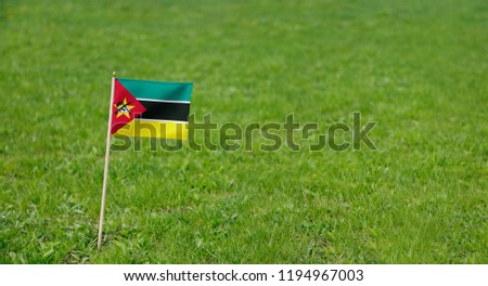 Mozambique Flag. Photo of Mozambique flag on a green grass lawn background. National flag waving outdoors.