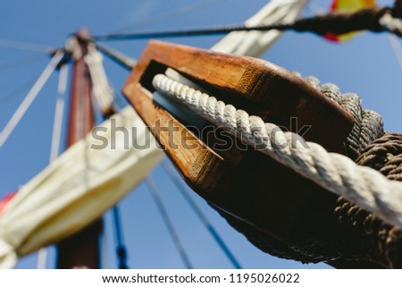 Rigging and ropes on an old sailing ship to sail in summer.