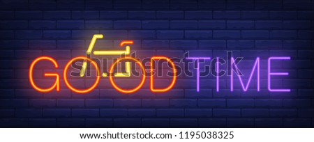 Good time neon text and bicycle. Bicycling, sport and advertisement design. Night bright neon sign, colorful billboard, light banner. Vector illustration in neon style.