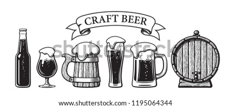 Vintage set of craft beer objects. Bottle, glasses, old wooden mug, barrel, ribbon banner. Hand drawn engraving style vector illustration. Brewery, beer festival, bar, pub design isolated elements . 