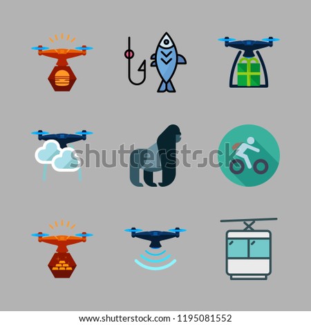mountain icon set. vector set about fishing, gorilla, bicycle and cable car cabin icons set.
