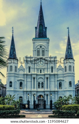 St. Louis Cathedral in New Orleans, LA French Quarter is a tourist attraction.