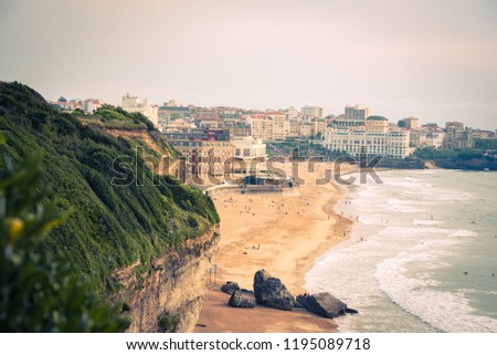 Biarritz , France . Biarritz city and its famous sand beaches - Miramar and La Grande Plage, Bay of Biscay, Atlantic coast, France