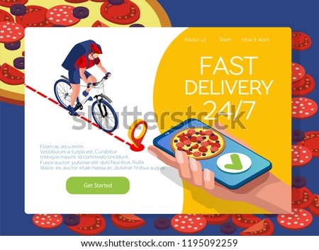 Isomeric fast delivery concept. Delivery man or cyclist speeding on a bike through city streets with a hot food delivery from restaurants to homes. Online pizza ordering with smartphone. Isometric 3D