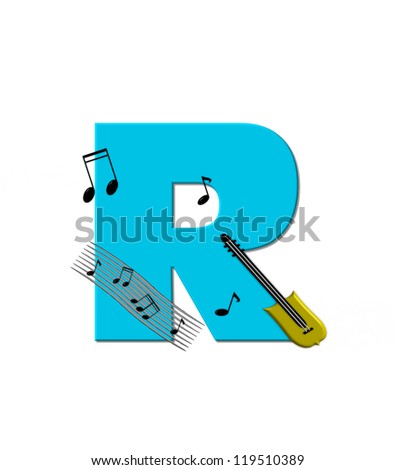 The letter R, in the alphabet set "Musical", is decorated with musical notes and a guitar.