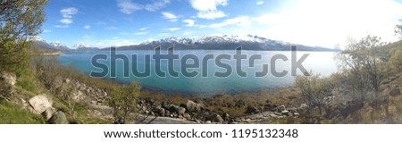 Panoramic image of a lake with snowy mountains in the background.