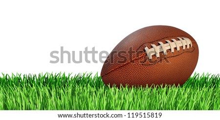 Football ball on a grass field isolated on a white background as a professional or college game sport for traditional American and Canadian play.