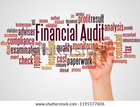 Financial audit word cloud and hand with marker concept on white background.