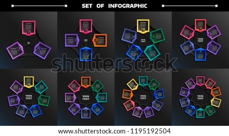 Set of circular infographic with colorful squares. Business concept. 3,4,5,6,7,8,9,10 options, parts, steps. Can be used for graph, diagram, chart, workflow layout, number options, web. Vector illustr