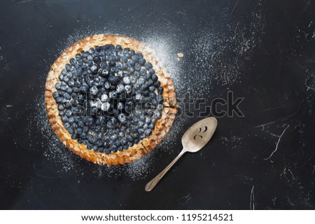 Mascarpone and blueberry tart with fresh blueberries dusted with icing sugar. Top view, blank space, dark background