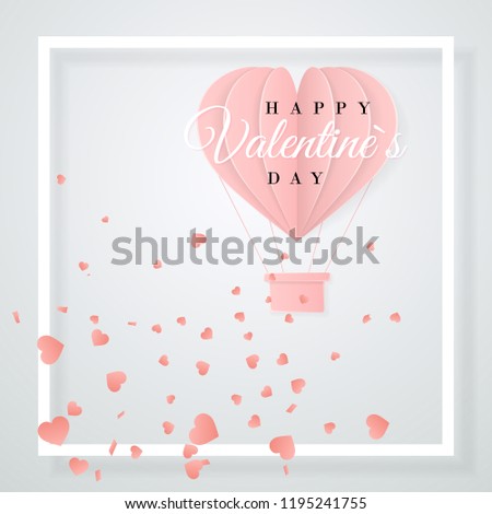 Happy valentines day retro invitation card template with origami paper hot air balloon in heart shape. Vector illustration.