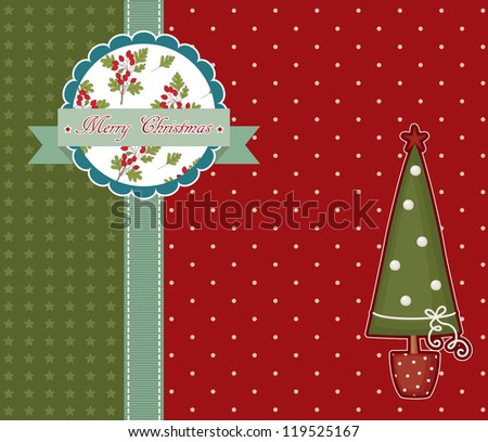 Red vintage Christmas card with Christmas tree