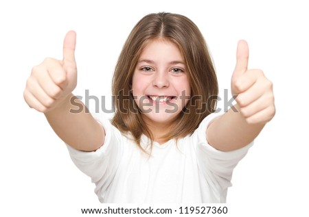 Little girl showing two thumbs up isolated on white background