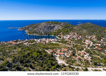Beautiful aerial photo of Razanj in Dalmatia, Croatia, Europe. Nice nature and landscape on warm sunny summer day at Adriatic Sea and coast. Lovely seascape and outdoors shoot with drone from above.