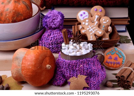 Hot chocolate with marshmallows, cinnamon and anise in a mug wrapped into a knitted scarf. Halloween gingerbread cookies and pumpkins are around