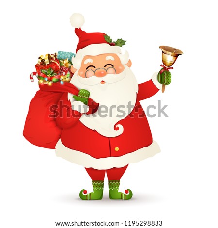Funny, happy Santa Claus with glasses, red bag with presents, gift boxes, jingle bell isolated on white background. Santa clause for winter and new year holidays. Happy Santa Claus cartoon character.