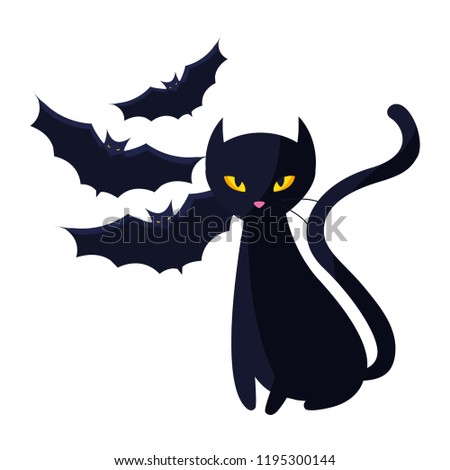 halloween black cat with bats flying