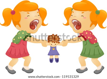 Illustration of Twin Sisters Fighting Over a Doll