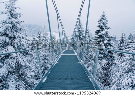 Pedestrian suspension bridge in Sattel Lucerne region Switzerland. Winter landscape.