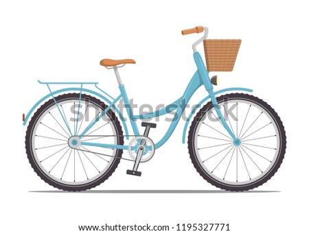 Cute women s bike with a low frame and basket in front. Vintage bicycle. Vector illustration in flat style