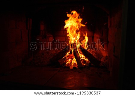 burning firewood in a brick fireplace/ a flame inflames/ fire in a brick fireplace