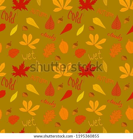 Pattern with autumn leaves, chestnuts and acorns. Autumn leaves foliage pattern.