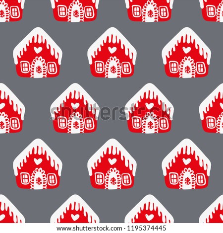Vector seamless pattern with hand drawn doodle Christmas trees forest, gloves, socks, houses and snowflakes.