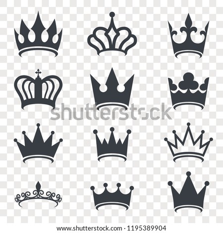 Black crown silhouette isolated on transparent background. Royal Crown icons collection. High status item. Element for your design. Vector illustration.
