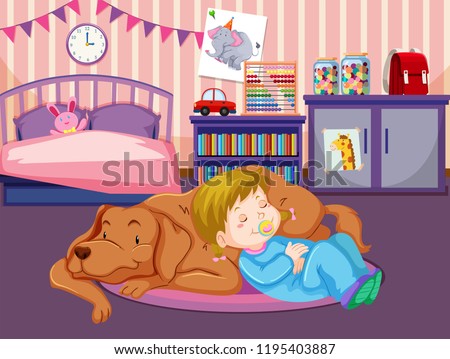 A baby sleep with dog illustration