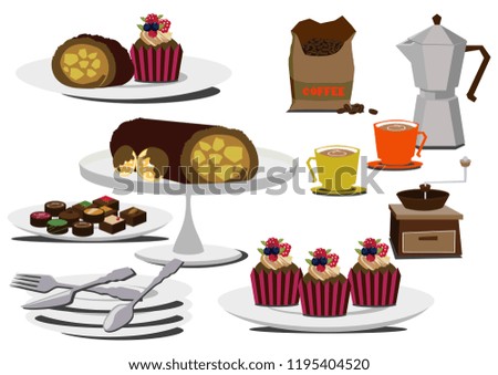 Illustration of cake and coffee.Material collection of sweets.Bush de Noel's table set.
Roll cake clip art.