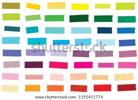 Mini washi tape strips in 48 solid colors. Semi-transparent masking tape or adhesive strips. EPS file has global colors for easy color changes. Royalty-Free Stock Photo #1195411774